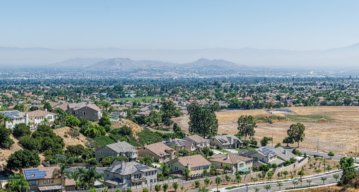 A group of houses in a town.