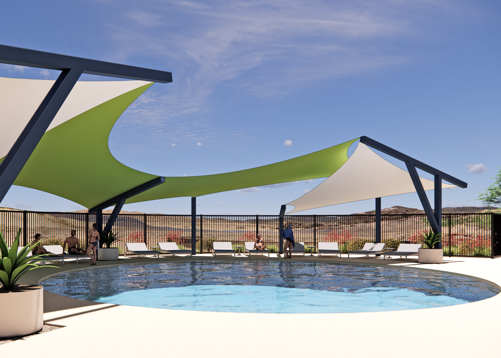 A pool with a green slide.