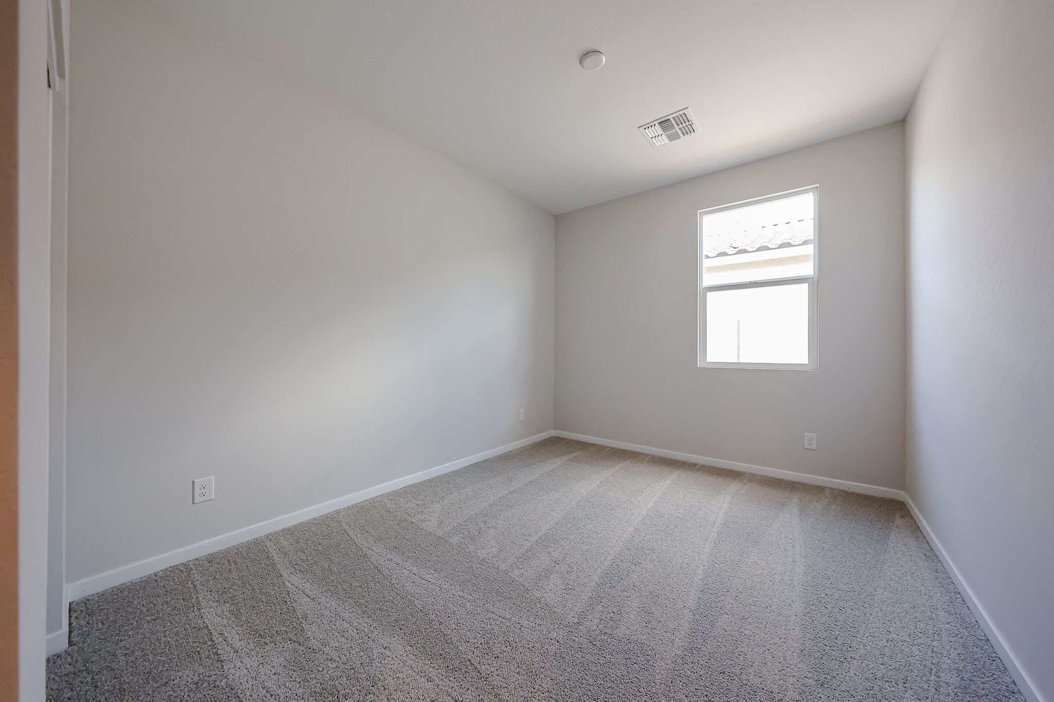 A room with a carpet and windows.