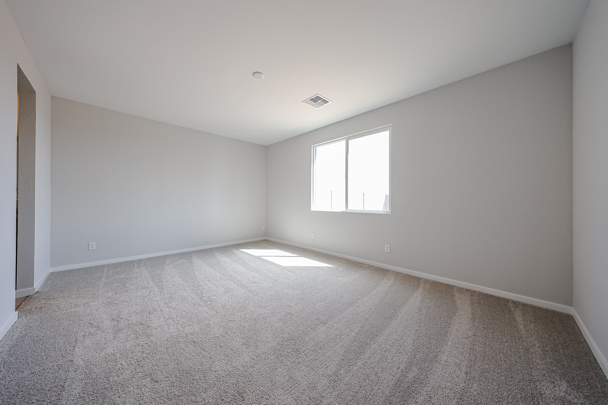 A room with a carpet and windows.