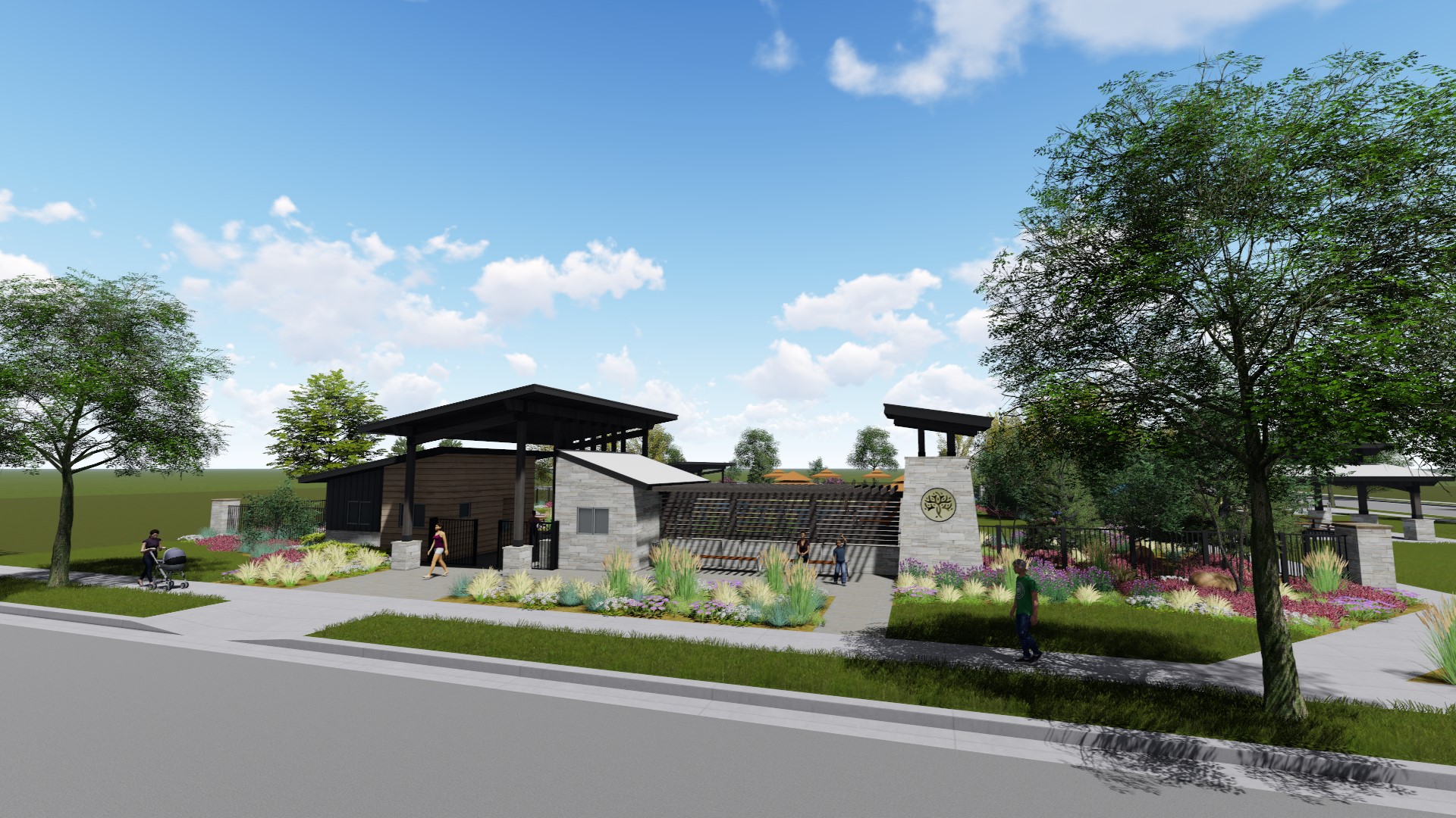 A building with a garden in front.