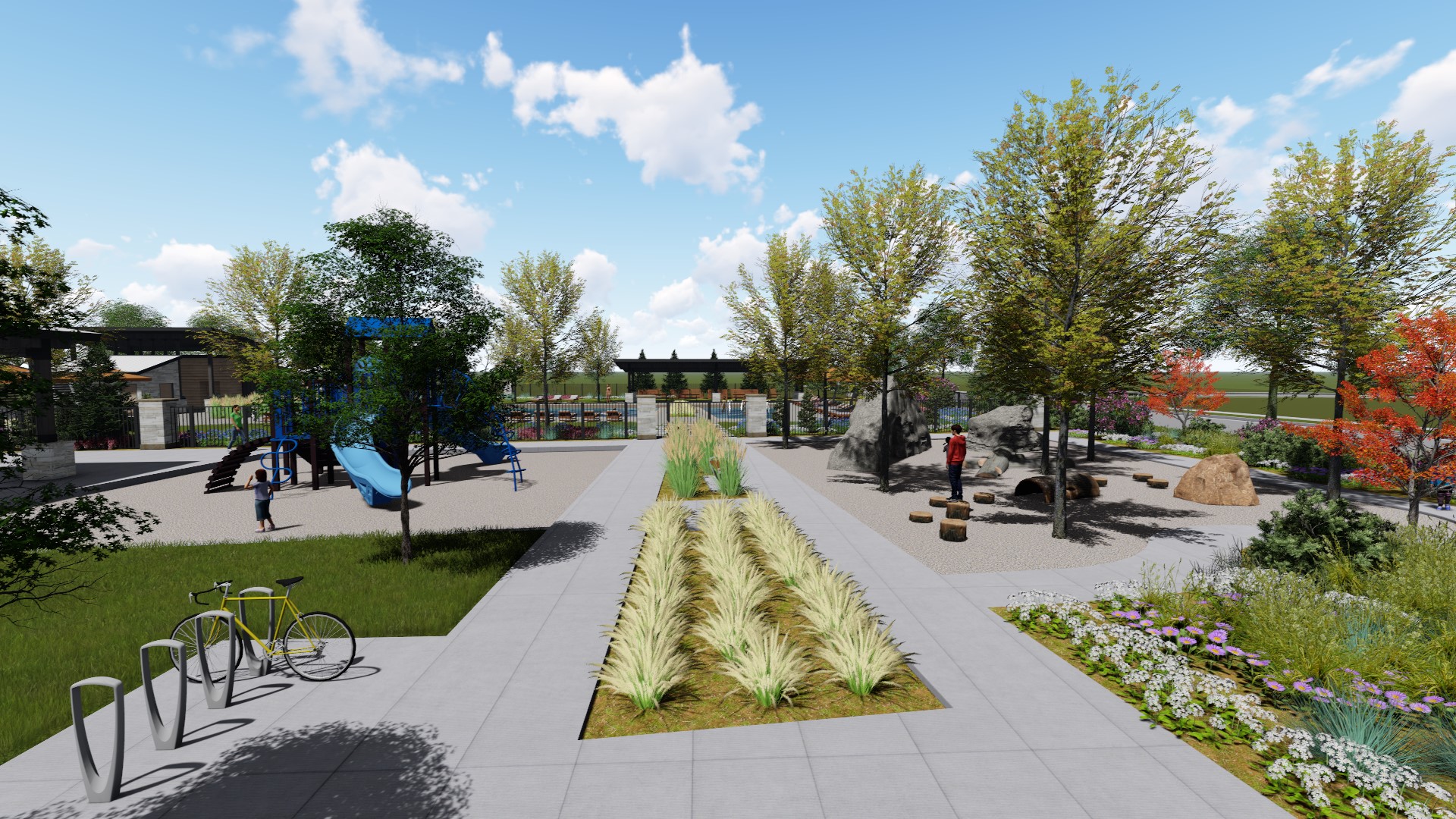 A path with trees and flowers.