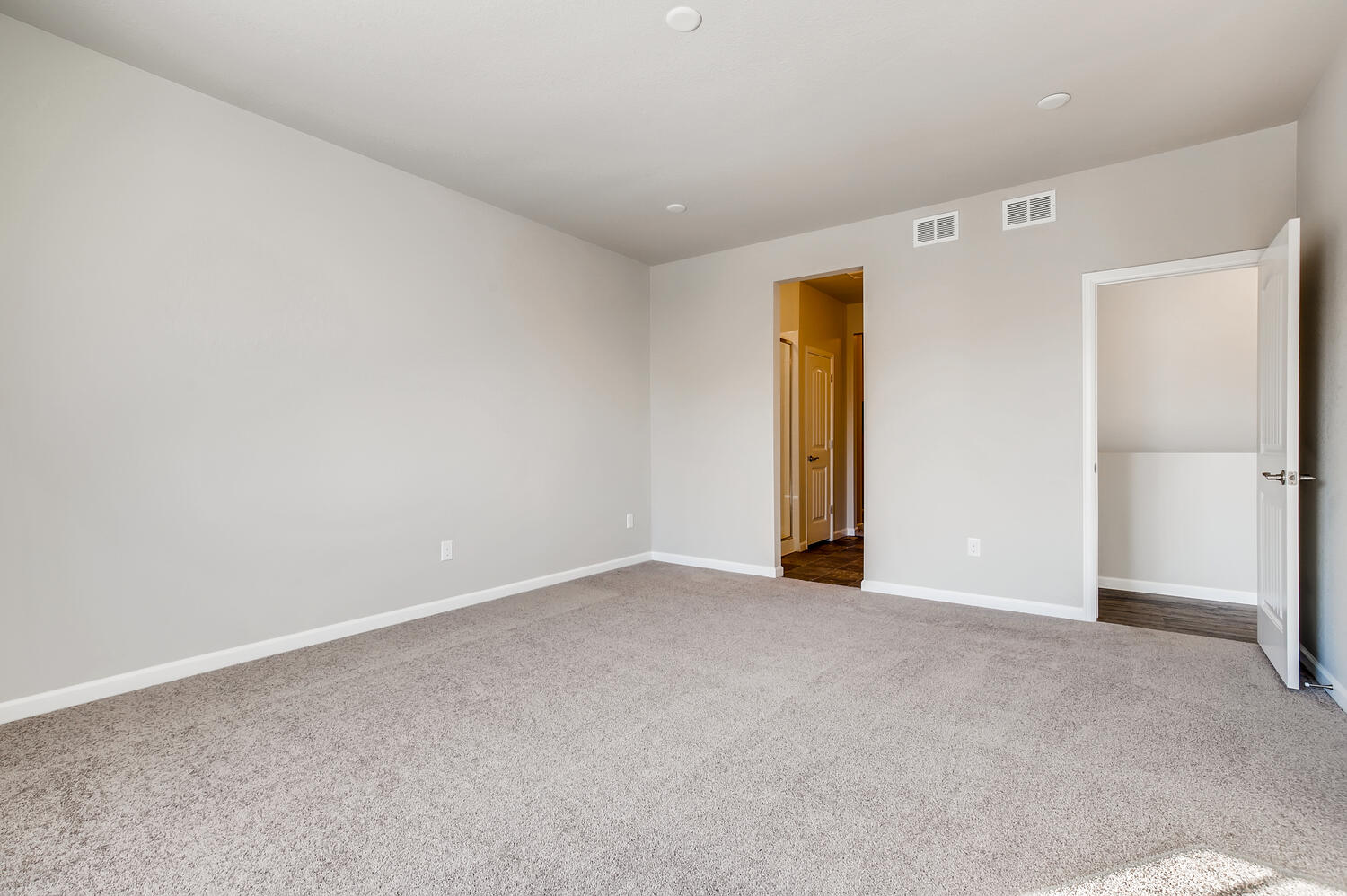 A room with a carpet and a door.