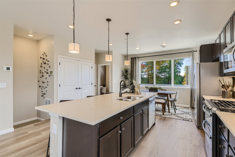 A kitchen with a large island.