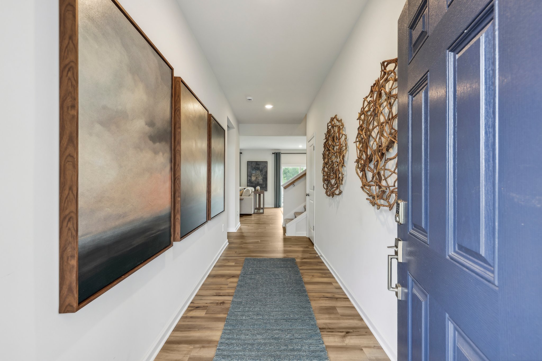 A hallway with blue walls.