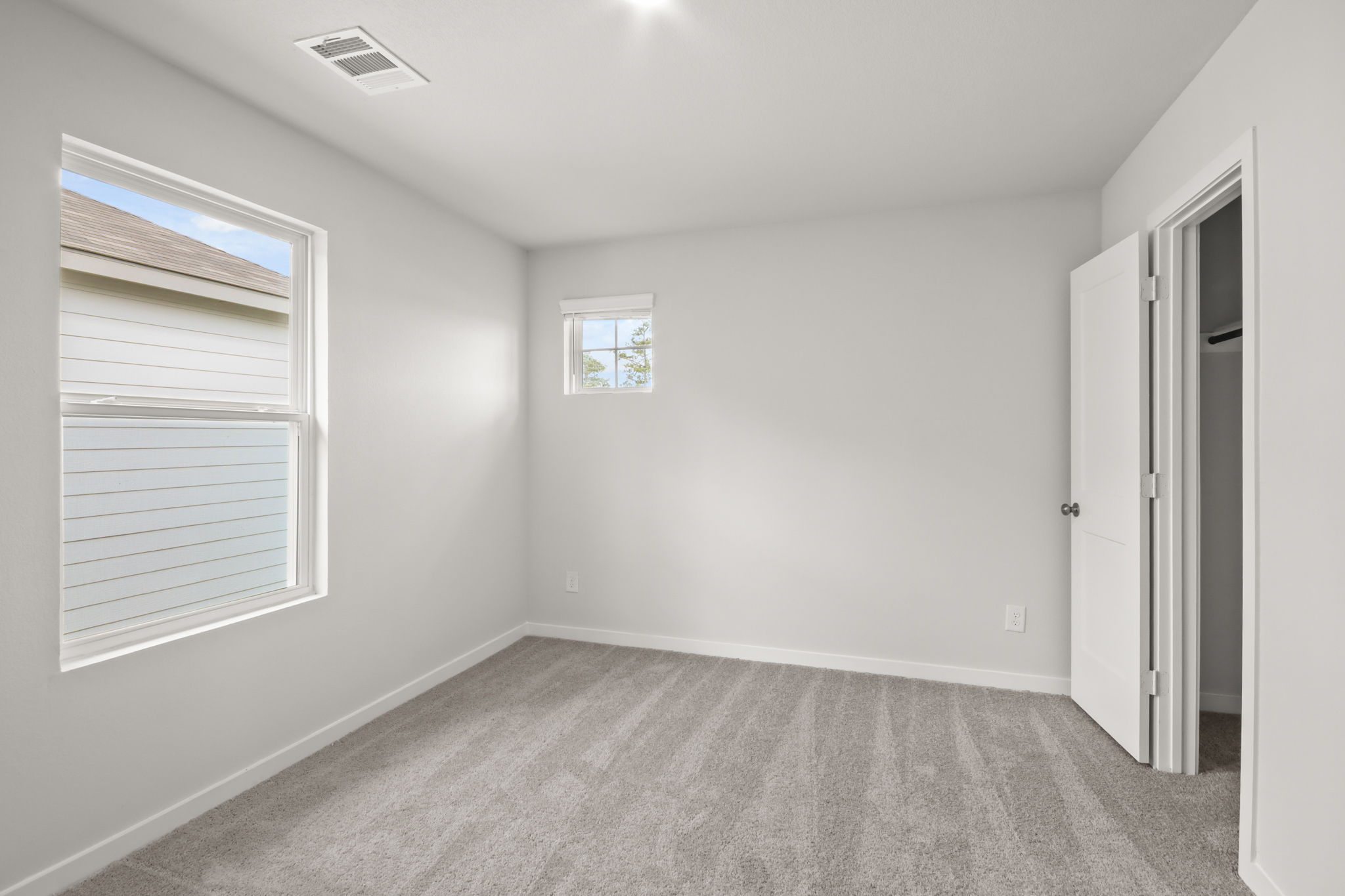 A room with a carpet and windows.