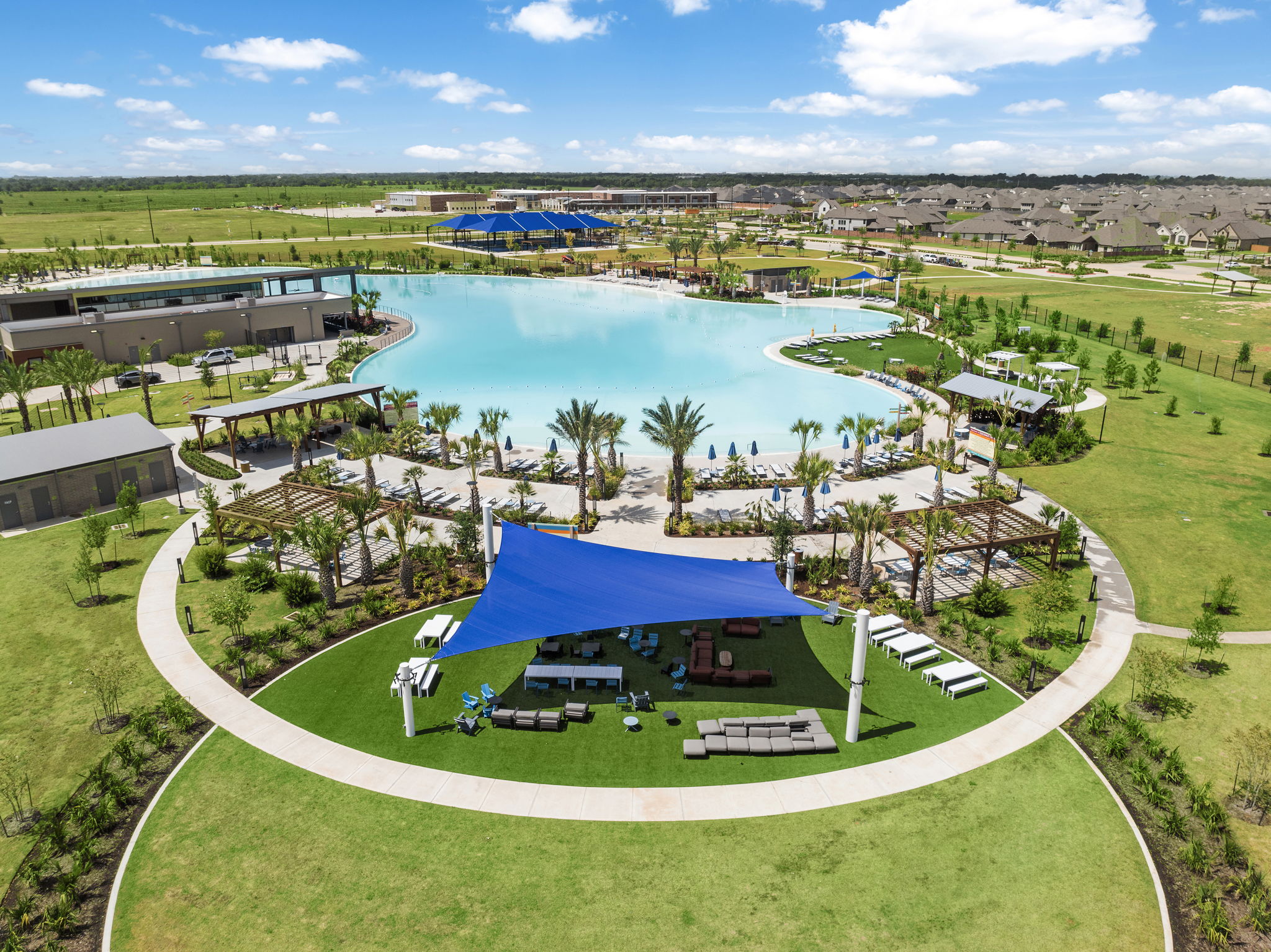 A golf course with a pool.