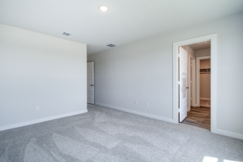 A room with a carpet and a door.