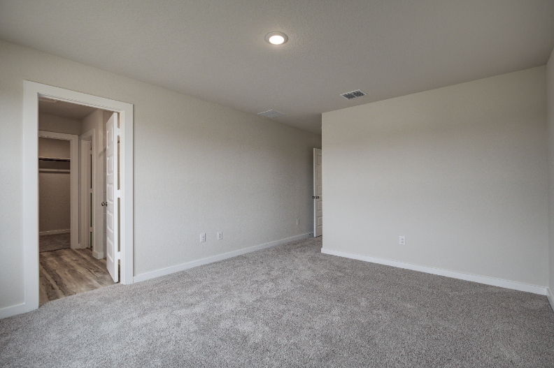 A room with a carpet and a door.
