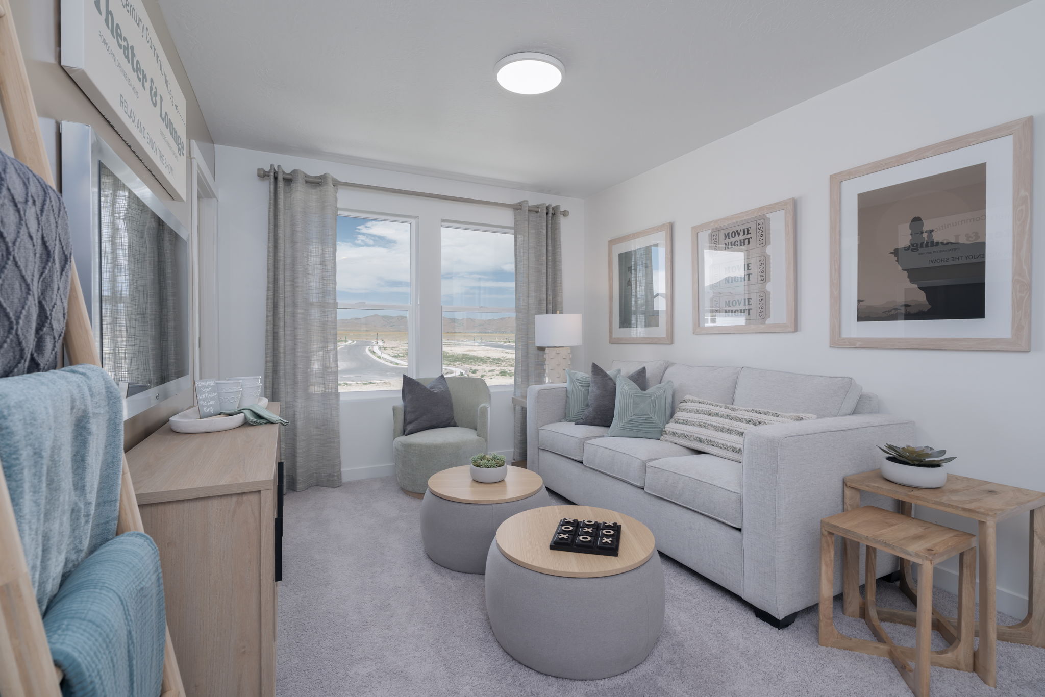 A living room with a large window.