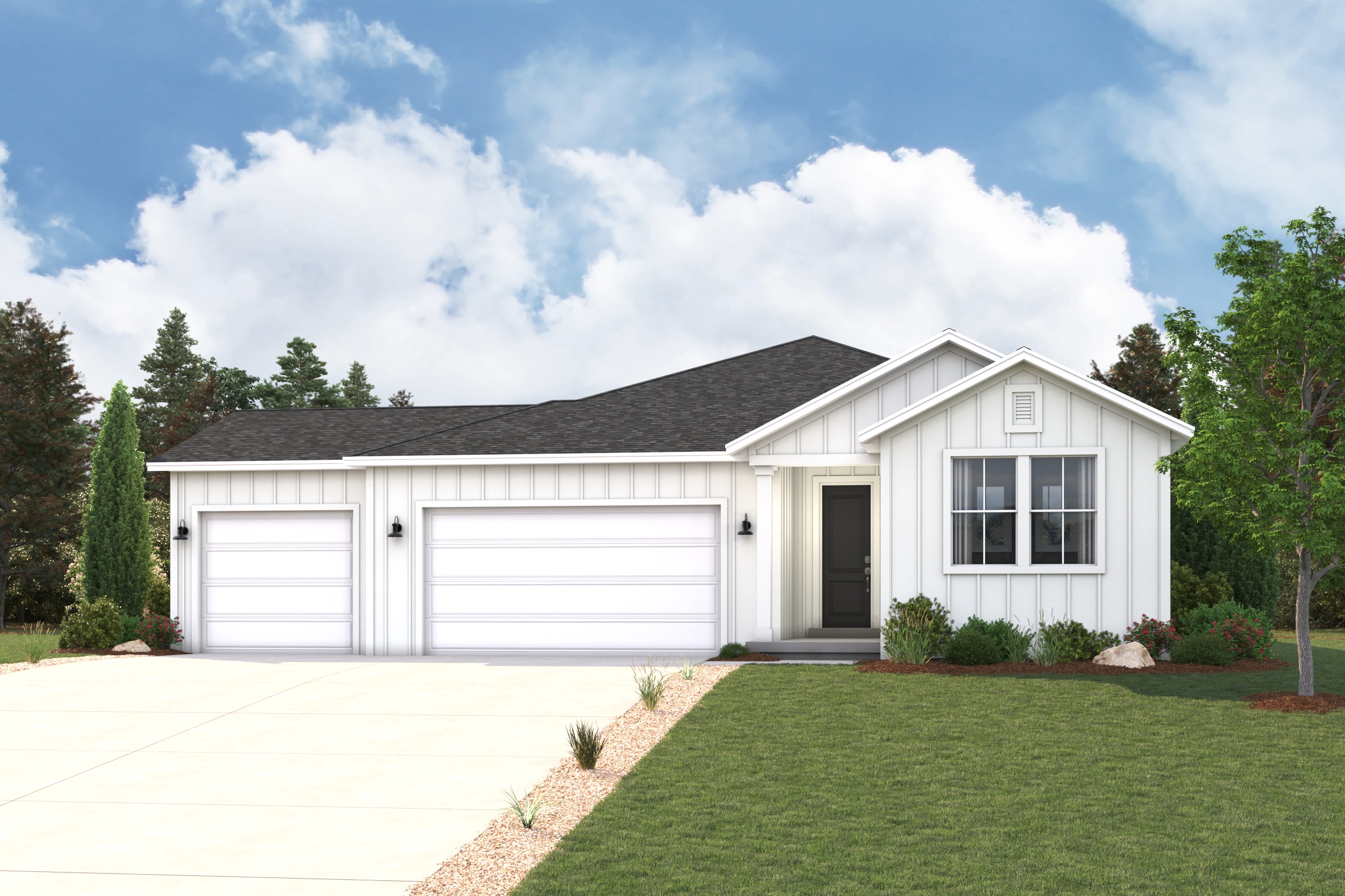 A white house with a garage.