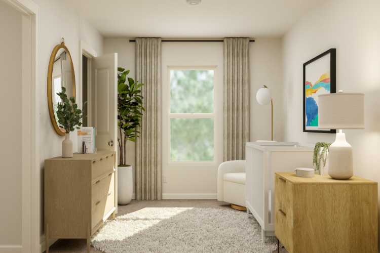 A room with a desk and a mirror.