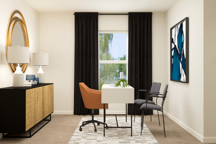 A room with a table and chairs.