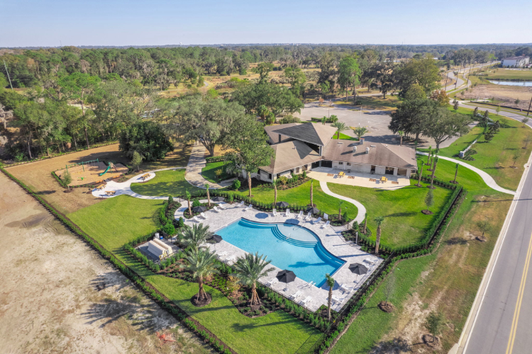 A swimming pool surrounded by trees.