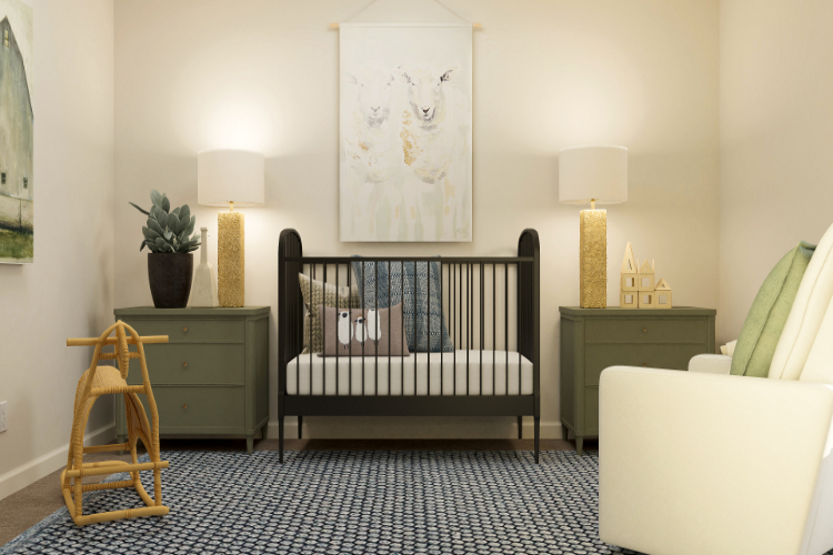 A room with a bed and a chair.