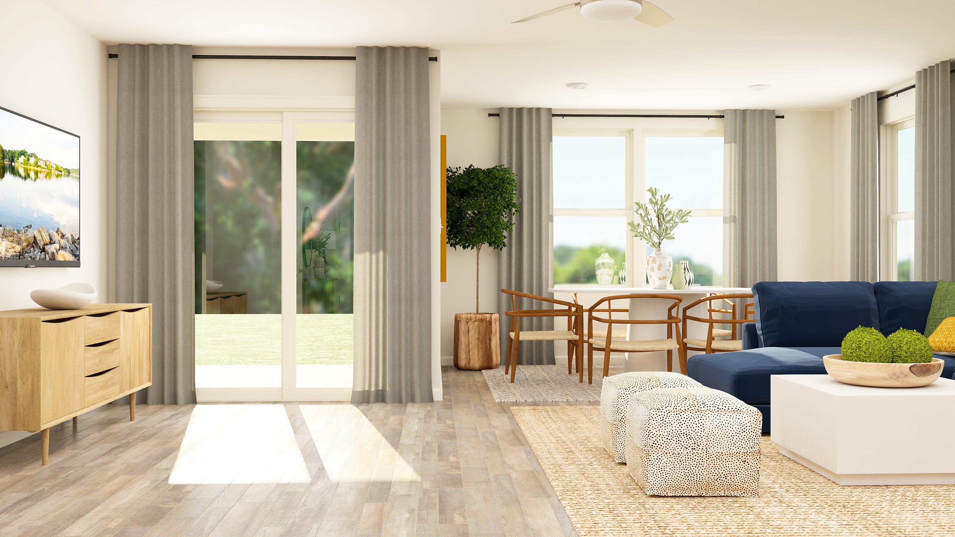 A living room with a large window.