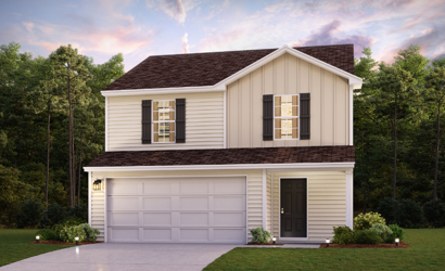 A house with a garage and trees in the back.